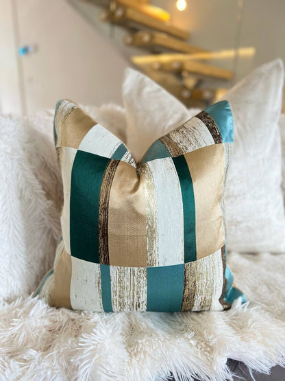 Striped Green and Gold Luxury Cushion Cover