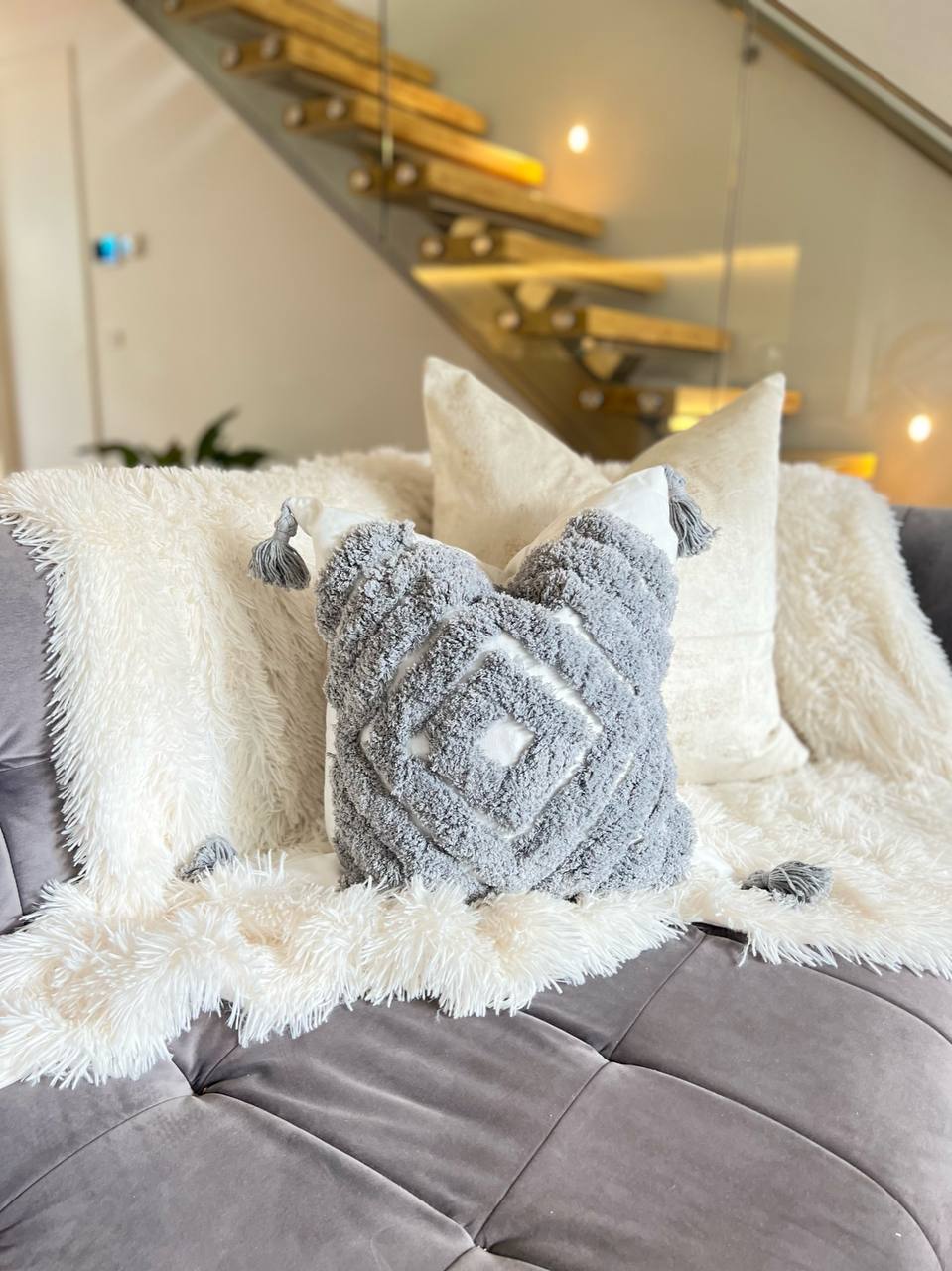 White and Dark Grey Bohemian Style Cushion