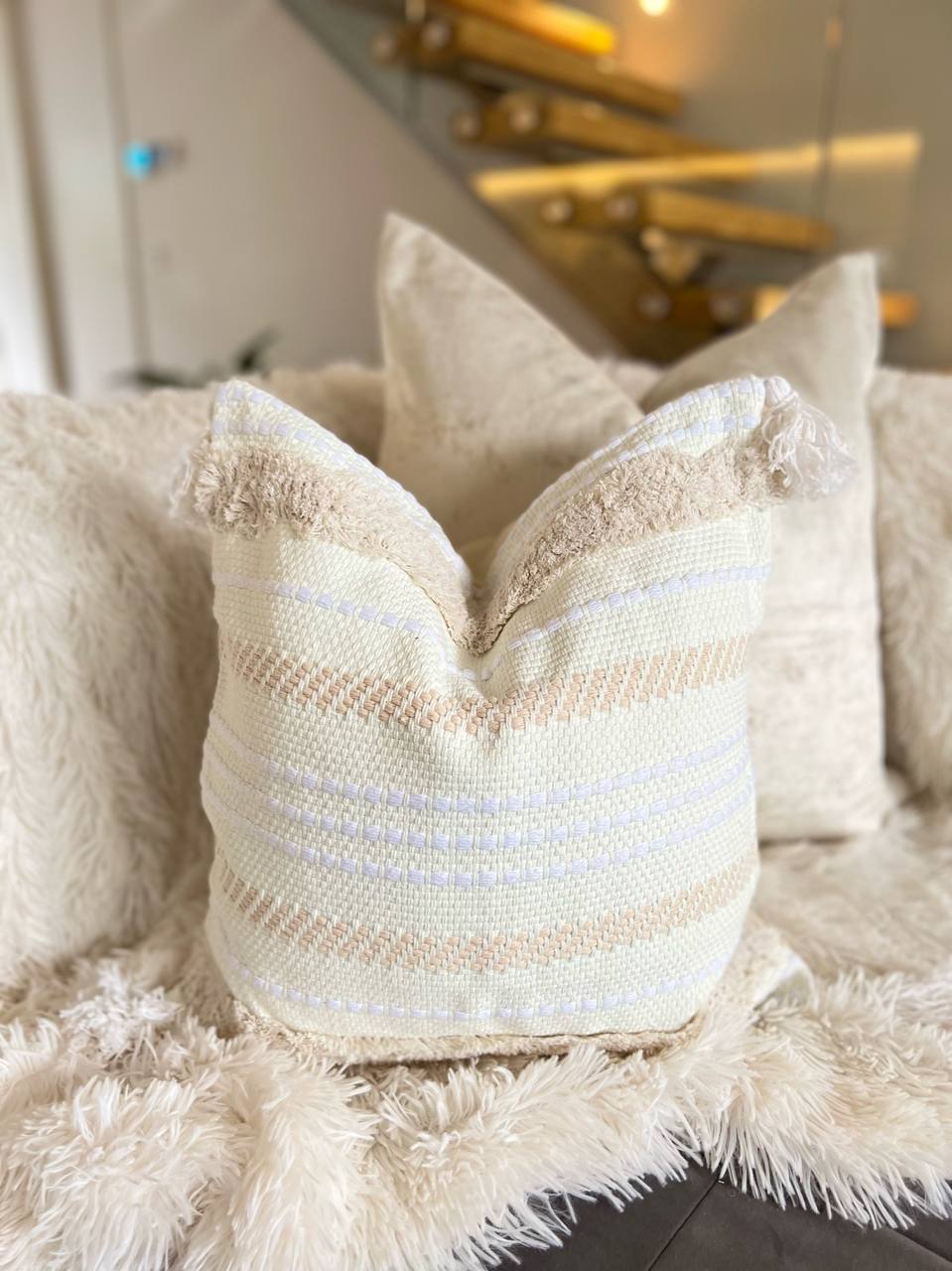 Cream and White Bohemian Style Cushion